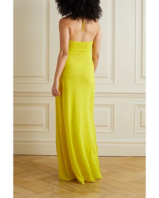 Etro Yellow Ruched Jersey Halterneck Maxi Dress
