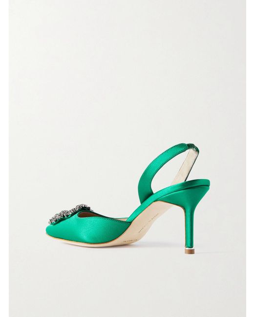 Manolo Blahnik Green Hangisli 70 Embellished Satin Slingback Pumps