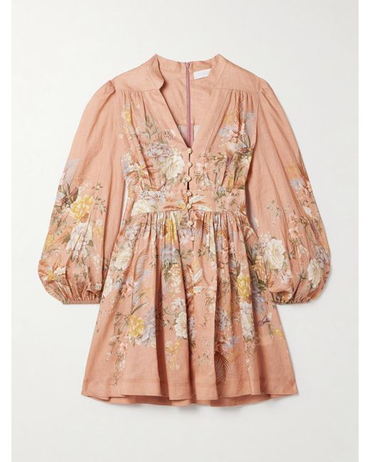 Zimmermann Pink Tallow Minikleid Aus Leinen Mit Blumenprint Und Falten