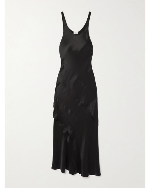 Saint Laurent Black Asymmetric Tiered Silk-Satin Maxi Dress