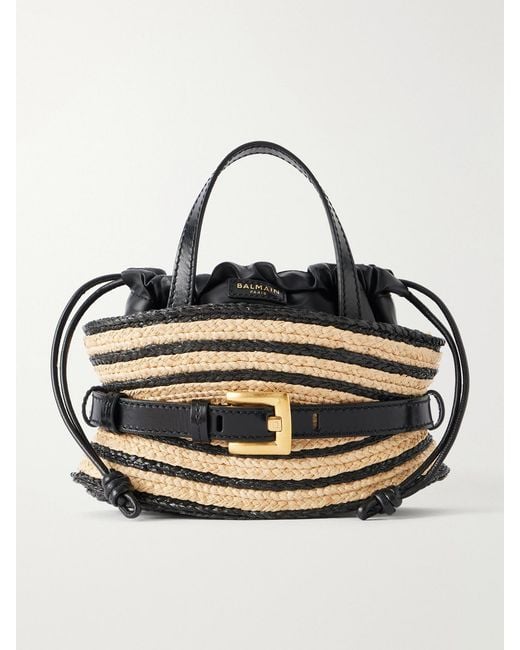 Balmain Metallic Shuffle Mini Buckled Leather-Trimmed Raffia Shoulder Bag
