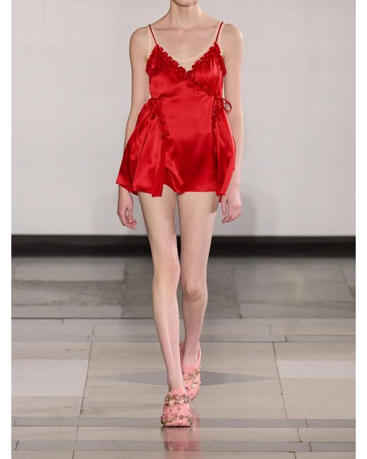 Simone Rocha Red Ruffled Pleated Jersey-Trimmed Silk-Satin Mini Dress