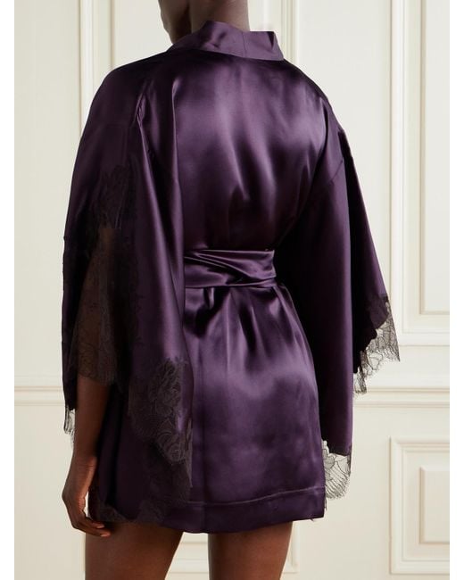 Carine Gilson Purple Belted Lace-Trimmed Silk-Satin Robe