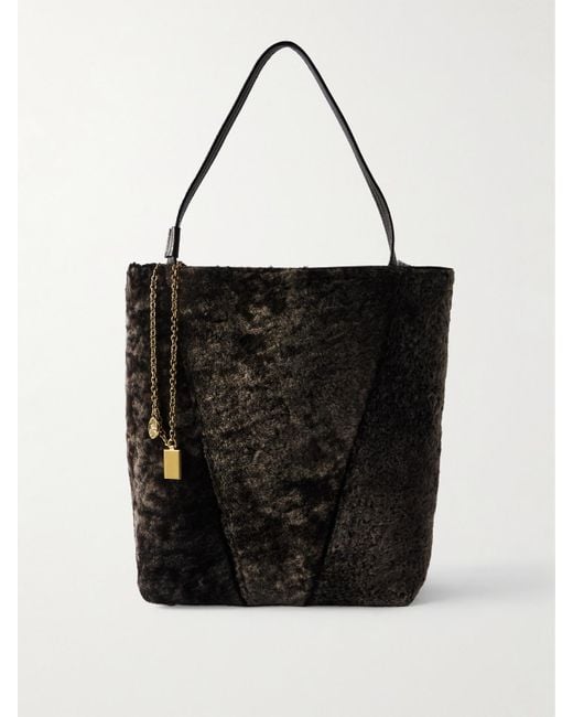 Chloé Black Spin Leather-Trimmed Embellished Shearling Tote