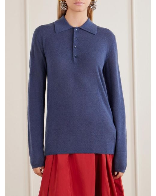 Tibi Blue Wool-Blend Knit Polo Sweater