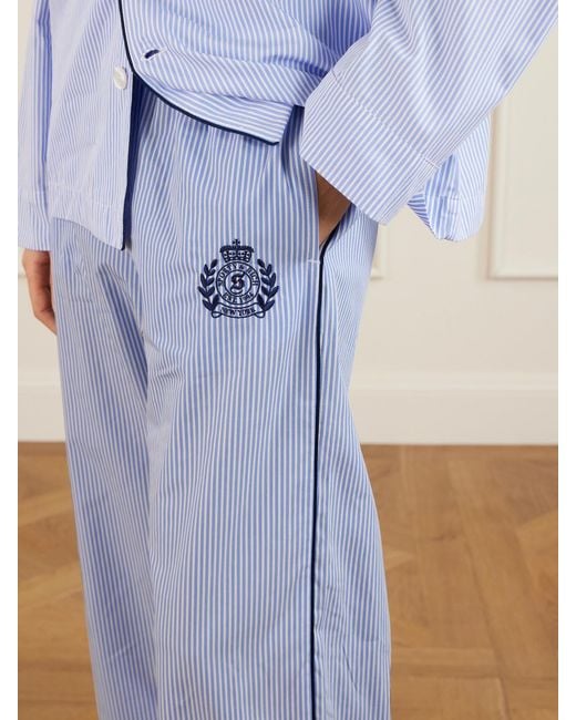 Sporty & Rich Blue Embroidered Striped Cotton-Poplin Pajama Pants
