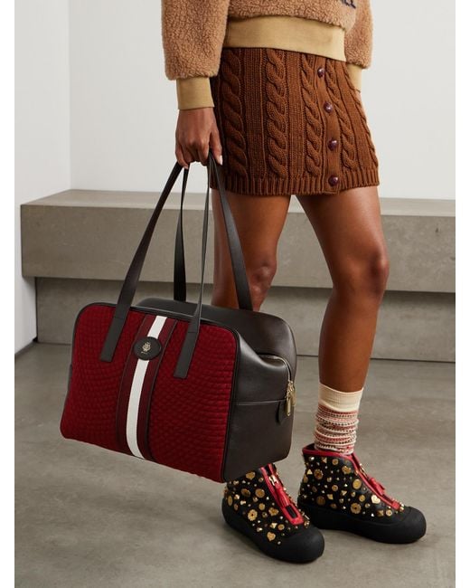 Bally Red Weekender Leather And Striped Canvas-Trimmed Quilted Felt Tote