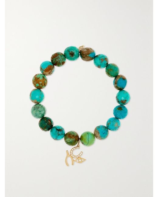 Sydney Evan Green Large Luck And Protection 14-karat Gold, Turquoise And Diamond Bracelet