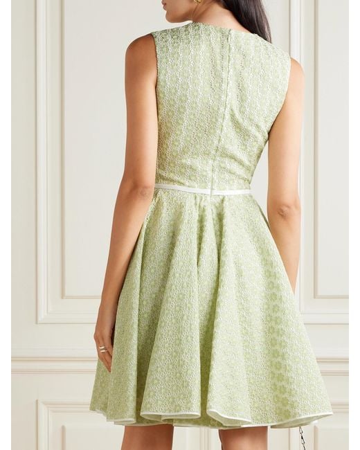 Giambattista Valli Green Belted Bow-Embellished Pleated Cotton Guipure Lace Mini Dress
