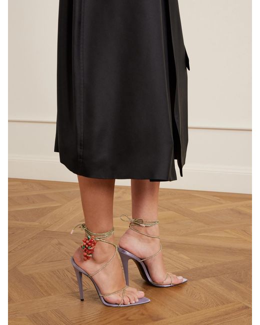Saint Laurent White Suede-Trimmed Embellished Satin Sandals
