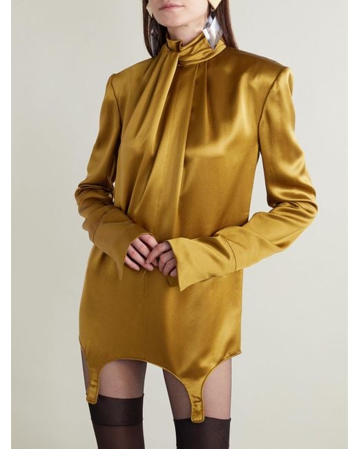 Saint Laurent Yellow Twisted Silk-Satin Turtleneck Mini Dress