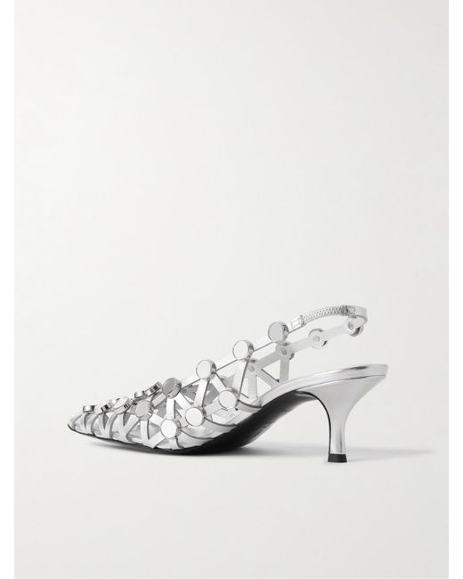 The Attico White Grid Studded Metallic Leather Slingback Pumps