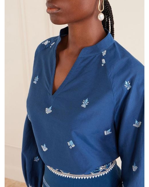 Emporio Sirenuse Blue Ilizia Embroidered Cotton And Silk-Blend Blouse