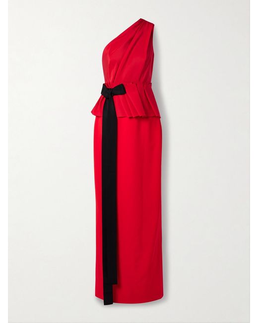 Carolina Herrera One-Shoulder Grosgrain-Trimmed Gathered Crepe Gown