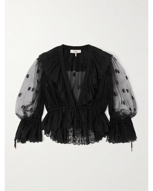 Chloé Black Cropped Ruffled Embroidered Mesh Blouse