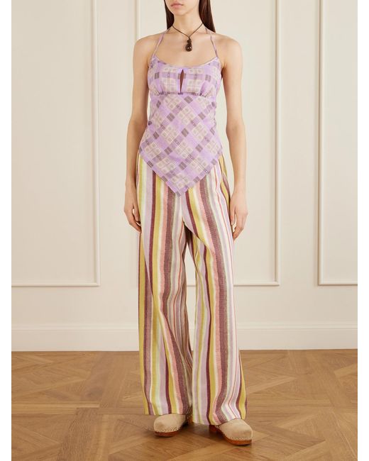 Anna Sui Pink Apron Checked Printed Cotton-Voile Halterneck Top