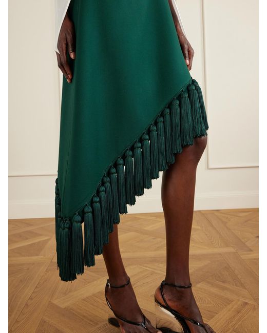 Alaïa Green Tassle Fringed Asymmetric Wool-Gabardine Midi Skirt