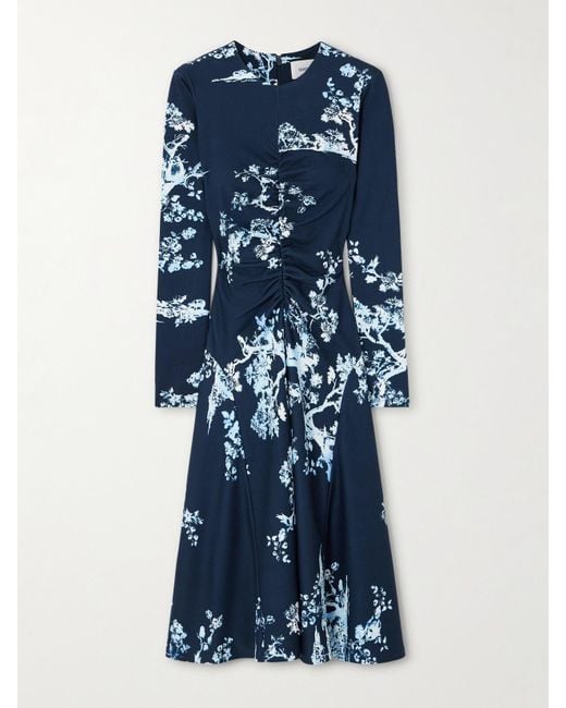 Erdem Blue Midikleid Aus Bedrucktem Ponte Mit Raffungen