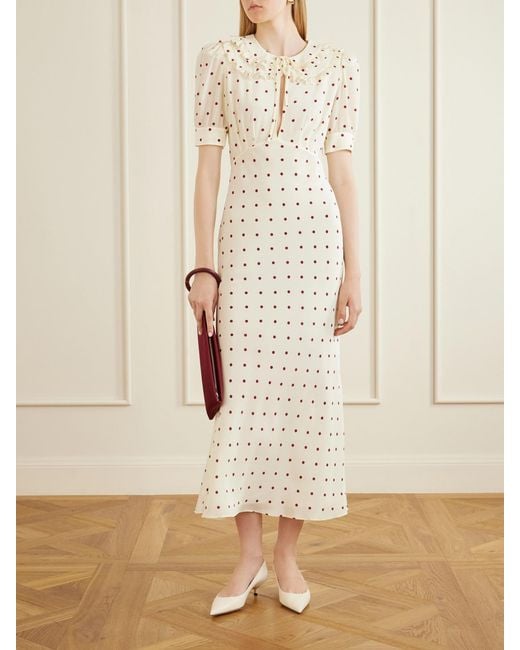 Alessandra Rich White Ruffled Polka-Dot Silk Midi Dress