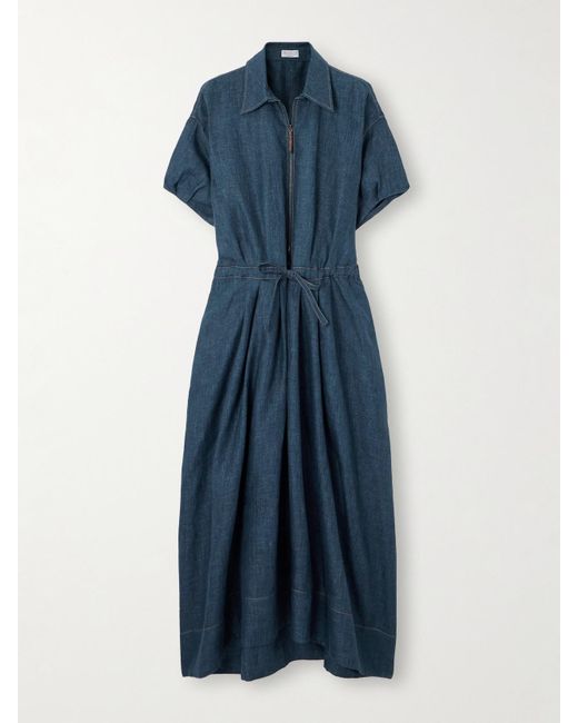 Brunello Cucinelli Blue Belted Denim Midi Dress
