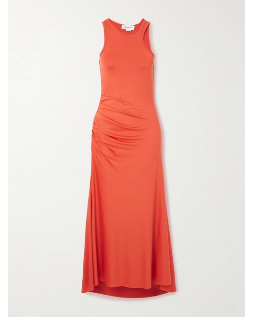 Victoria Beckham Red Asymmetric Ruched Satin-Jersey Midi Dress