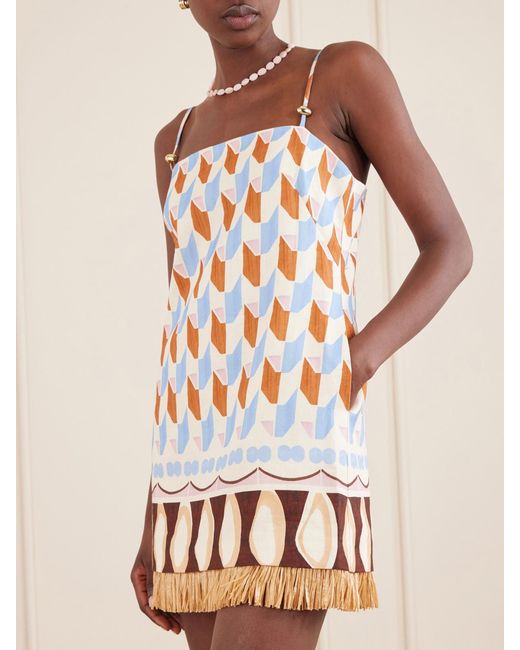 Cara Cara White Valencia Printed Fringed Linen Mini Dress