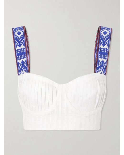 Emporio Sirenuse White Dalia Pleated Printed Linen Cropped Top