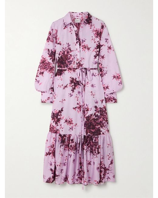 Erdem Purple Belted Tiered Floral-Print Cotton Midi Dress
