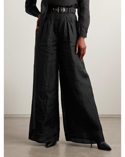Zimmermann Black Belted Pleated Polka-Dot Linen And Silk-Blend Organza Wide-Leg Pants