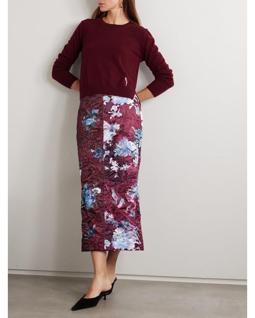 Erdem Purple Floral-Print Crinkled Duchesse-Satin Midi Skirt