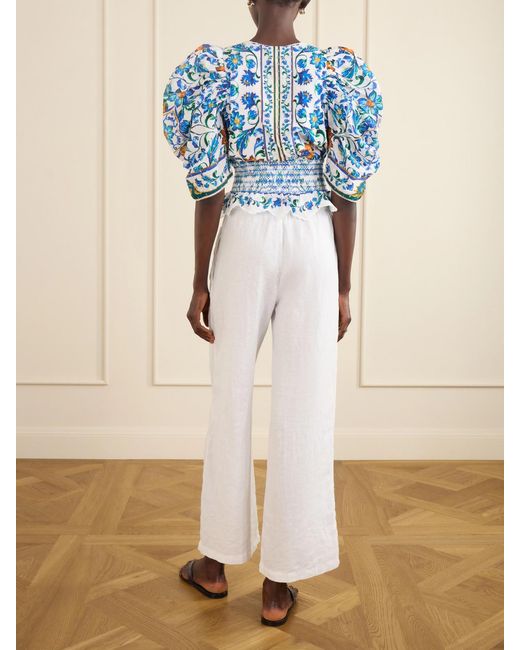 Farm Rio Blue Flora Tile Shirred Floral-Print Cotton-Poplin Blouse