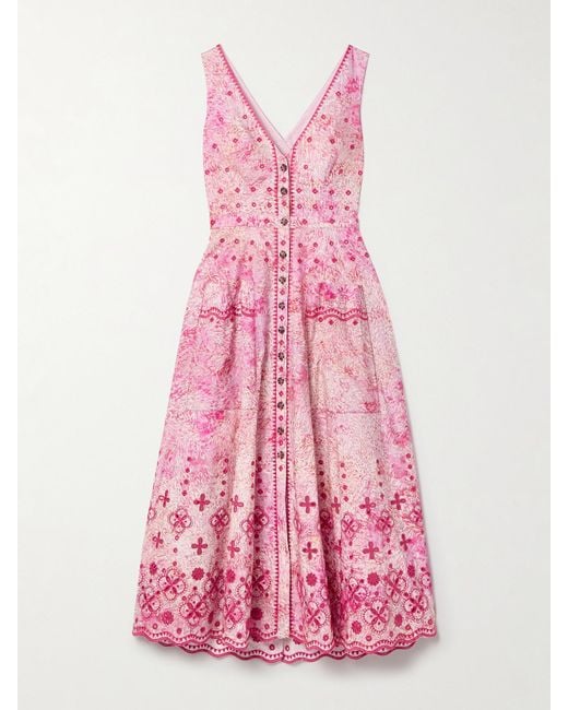 Saloni Pink Zoey Midikleid Aus Baumwolle Mit Lochstickerei, Cut-Out Und Print