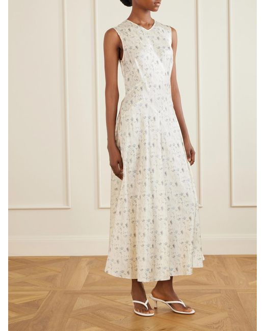 Doen White Adelana Floral-Print Silk-Satin Midi Dress