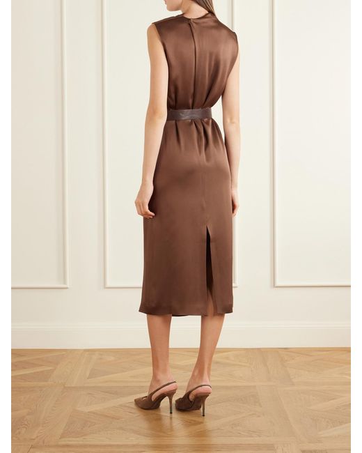 Brunello Cucinelli Brown Belted Satin Midi Dress