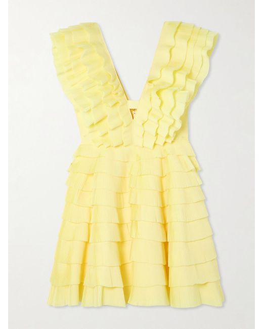 Aje. Yellow Reflection Minikleid Aus Plissiertem Crêpe Mit Stufen