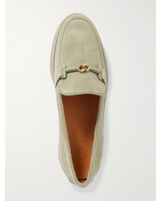 Tod's Natural Gomma Embellished Leather And Raffia-Trimmed Suede Loafers