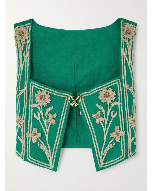 Agua Bendita Green Coralina Esmeralda Appliquéd Embroidered Linen Bustier Top