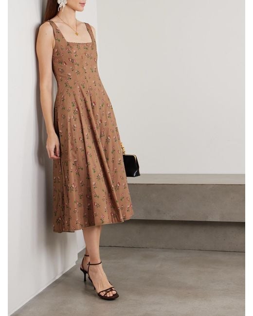 Agua Bendita Brown Frontera Bead-Embellished Floral-Print Cotton Midi Dress