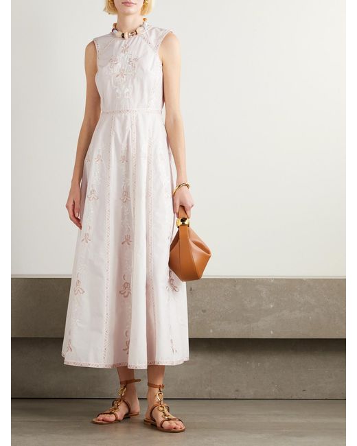Emporio Sirenuse Natural Clodette Embroidered Cotton-Blend Midi Dress
