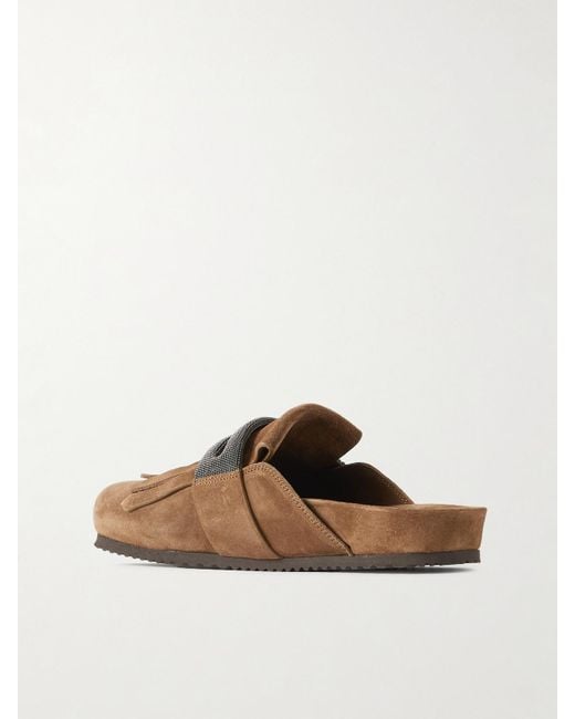 Brunello Cucinelli Brown Fussbett Bead-Embellished Fringed Suede Slippers