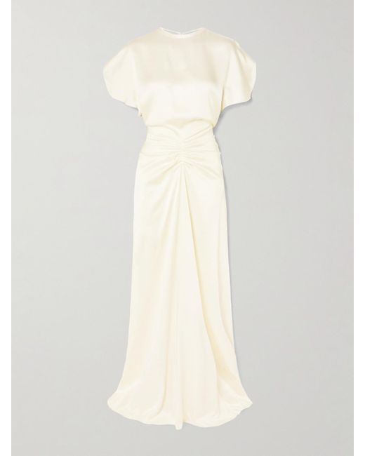 Victoria Beckham White Gathered Open-Back Satin Maxi Dress