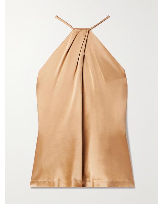 Nili Lotan Natural Edwige Gathered Silk-Satin Halterneck Top