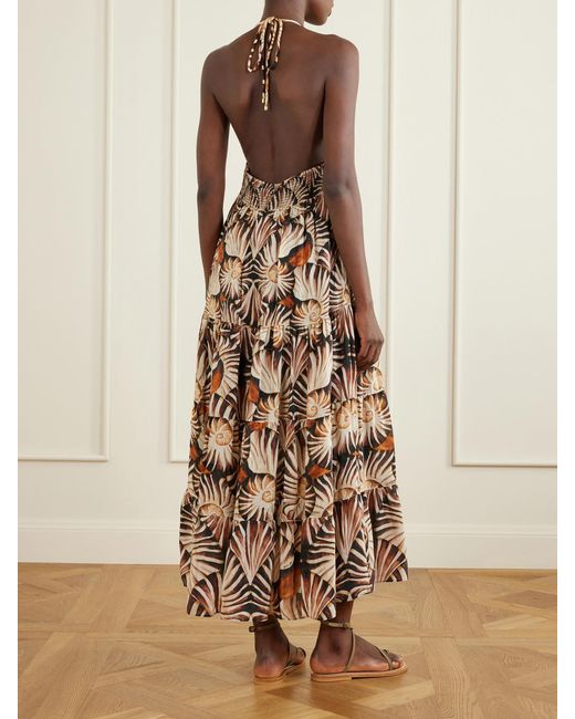 Farm Rio Natural Embellished Printed Shirred Tiered Georgette Halterneck Midi Dress