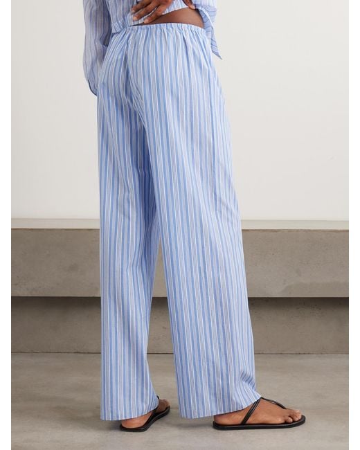 Doen Blue Lavona Striped Organic Cotton Straight-Leg Pants