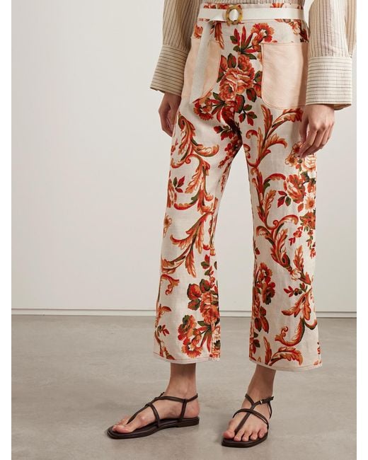 Thank You Have A Good Day White Cotton-Jacquard And Leather-Trimmed Floral-Print Cotton-Canvas Wide-Leg Pants