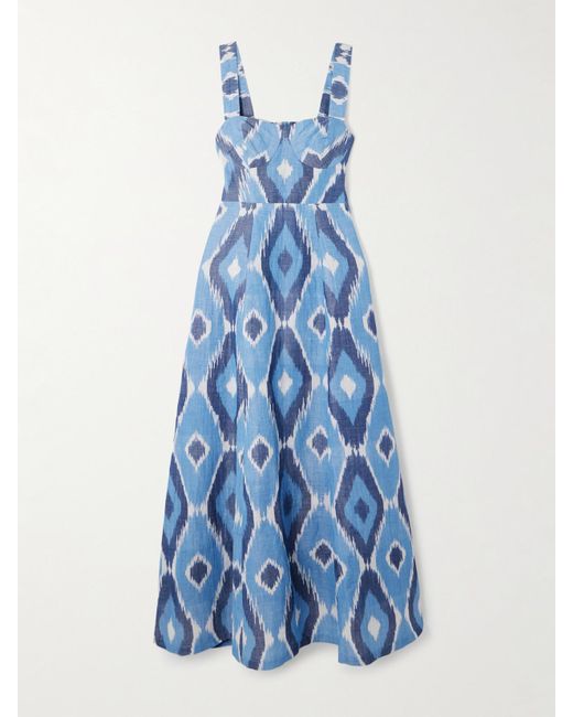 Emporio Sirenuse Blue Azzurra Open-Back Printed Hemp And Cotton-Blend Maxi Dress