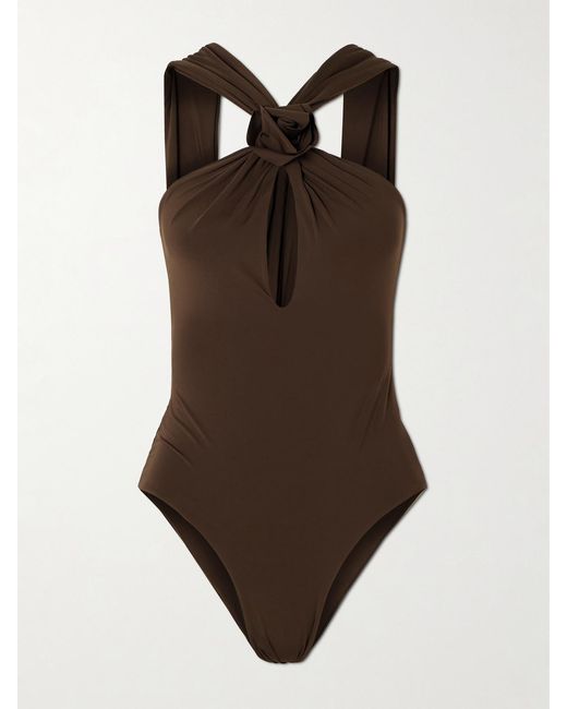 Maygel Coronel Brown Sole Appliquéd Cutout Swimsuit