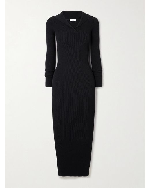 Alaïa Black Hooded Ribbed-Knit Midi Dress