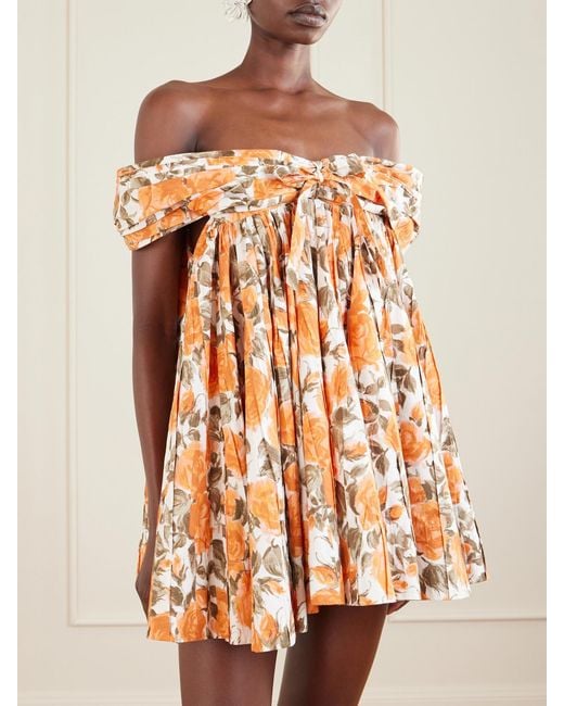 Chloé Orange Off-The-Shoulder Gathered Floral-Print Cotton-Poplin Mini Dress