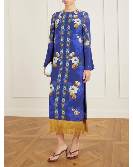 Borgo De Nor Blue Fringed Floral-Print Satin-Crepe Maxi Dress